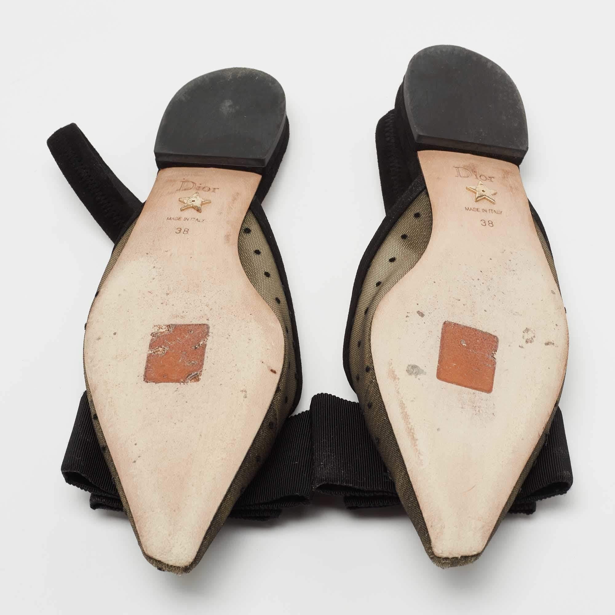 Dior Black/Beige Mesh Trim Polka Dot Bow Pointed Toe Slingback Mules Size 38 5