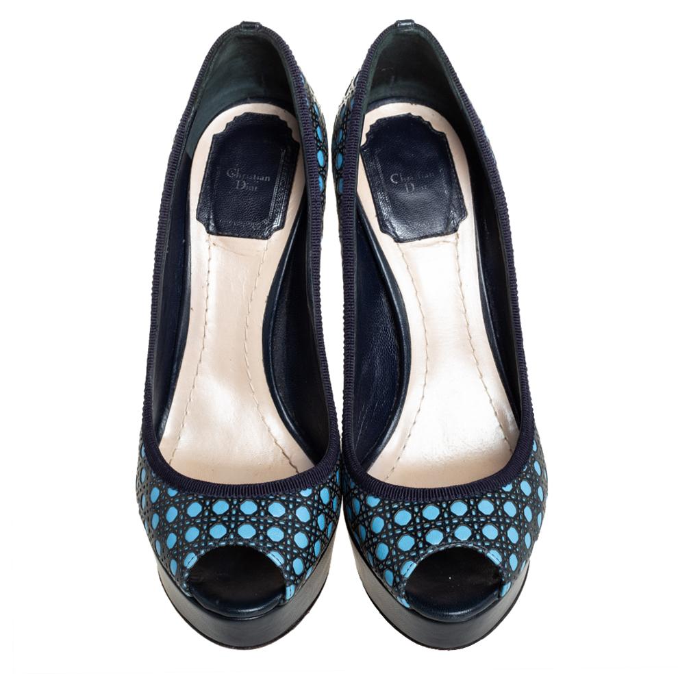 Women's Dior Black/Blue Leather Peep Toe Platform Pumps Size 36