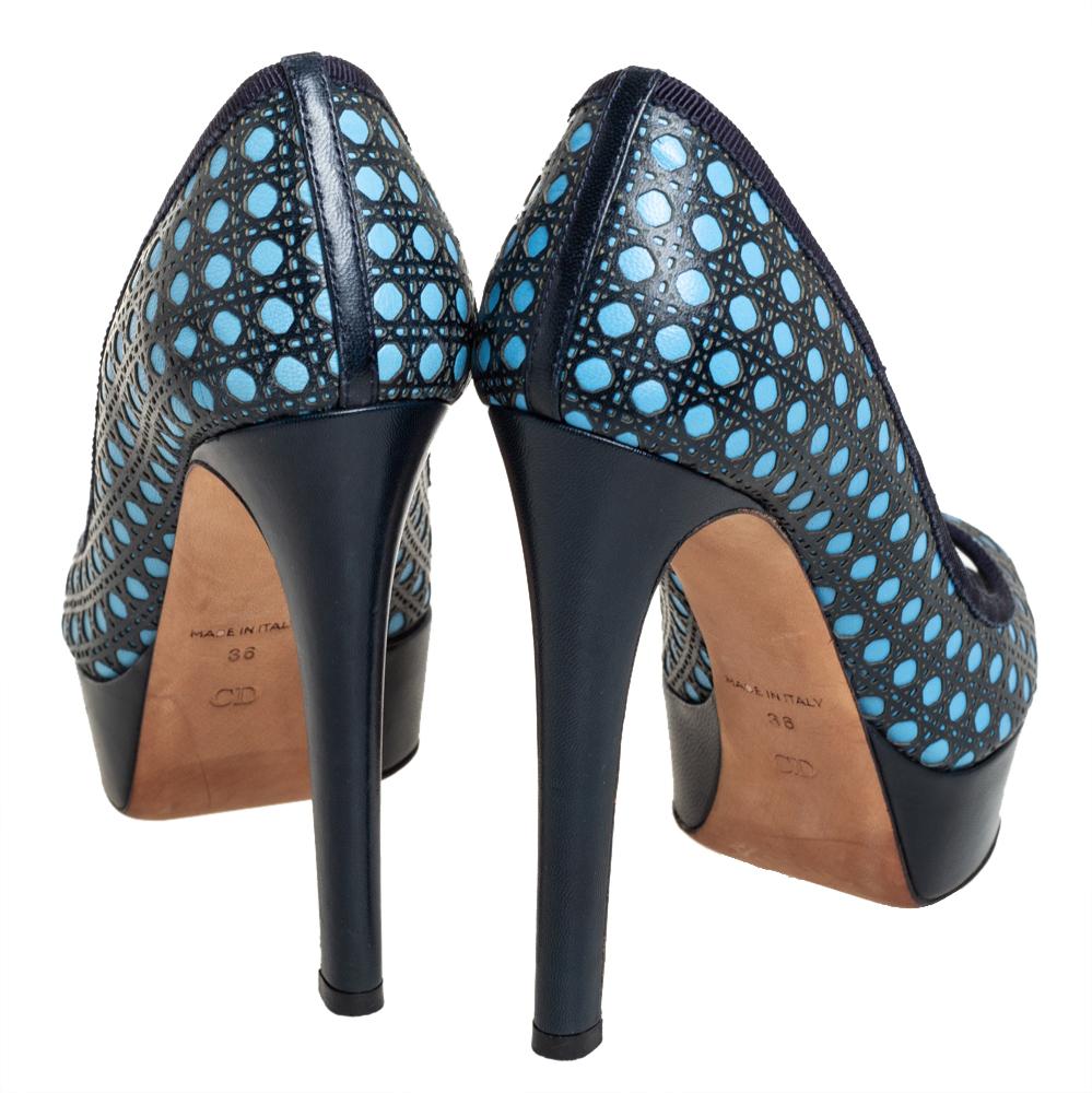 Dior Black/Blue Leather Peep Toe Platform Pumps Size 36 2