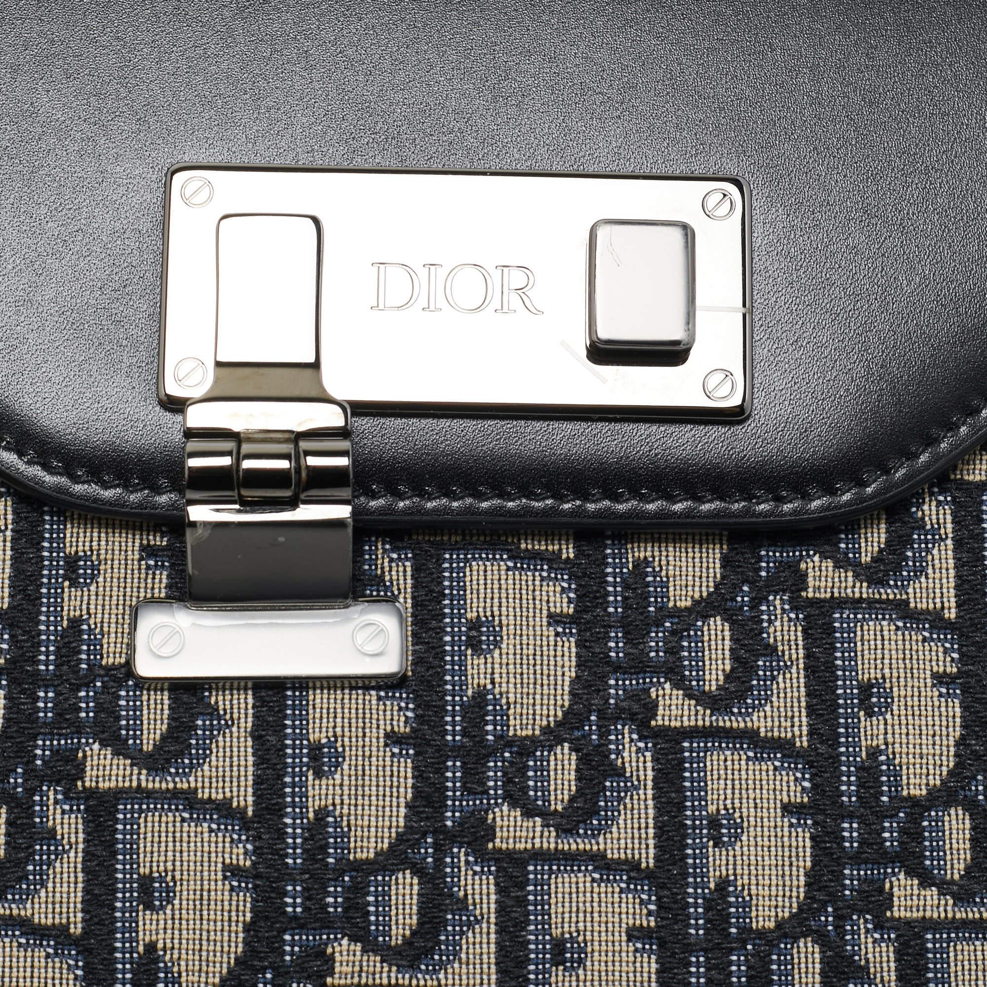 Dior Black/Blue Oblique Canvas and Leather Lock Messenger Bag en vente 6