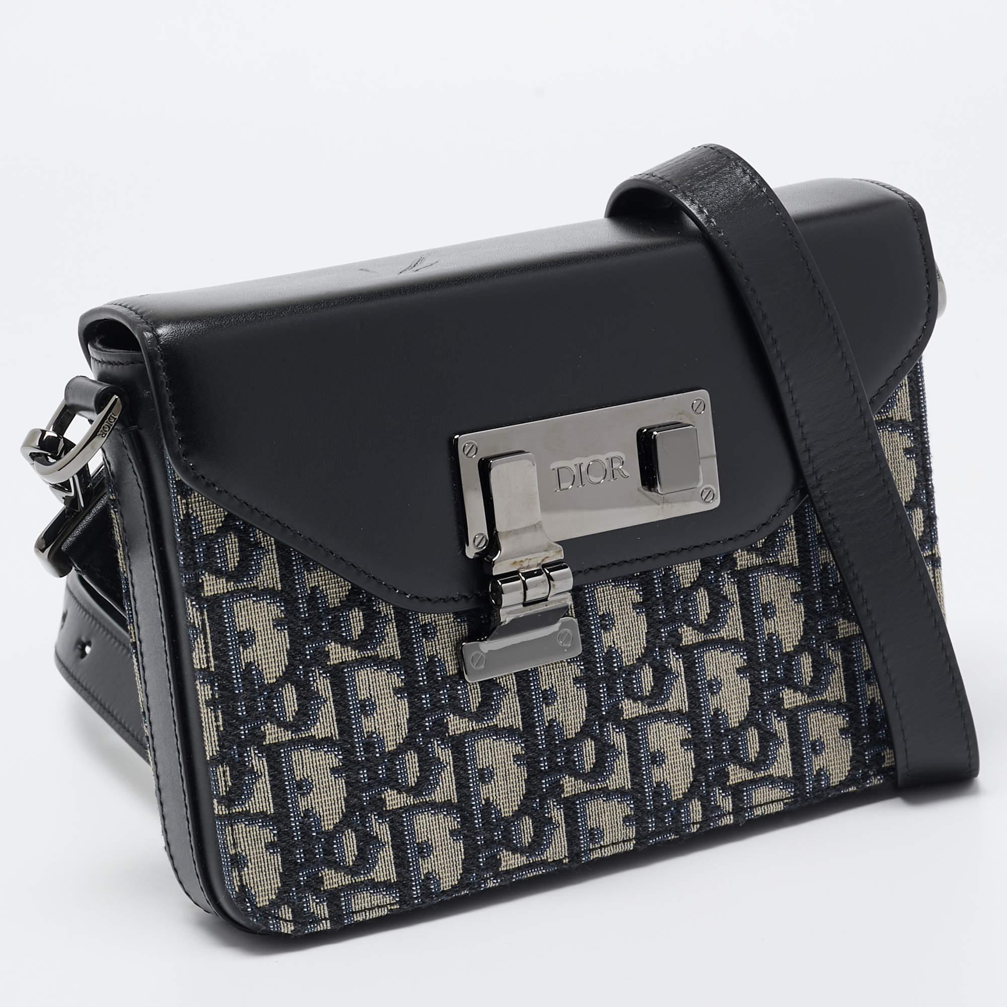 Noir Dior Black/Blue Oblique Canvas and Leather Lock Messenger Bag