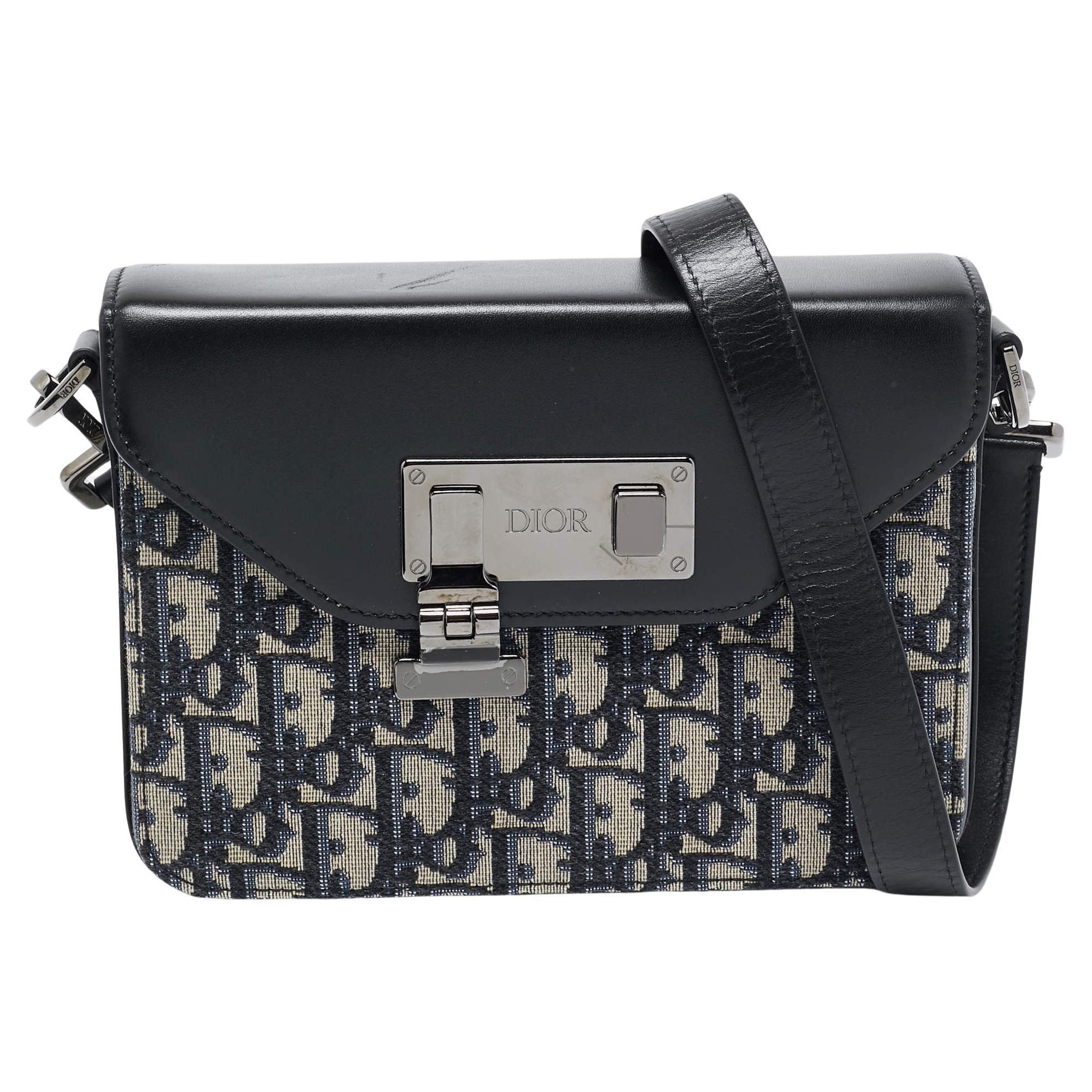 Dior Black/Blue Oblique Canvas and Leather Lock Messenger Bag en vente