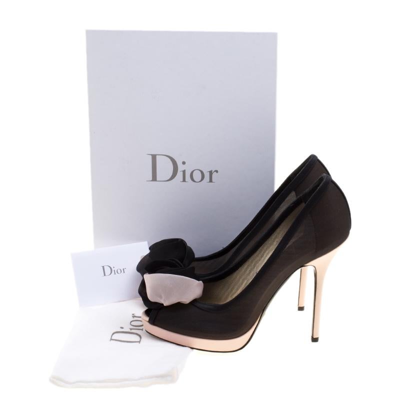 Dior Black/Blush Pink Mesh and Satin Chiffon Flower Peep Toe Platform Pumps Size 1