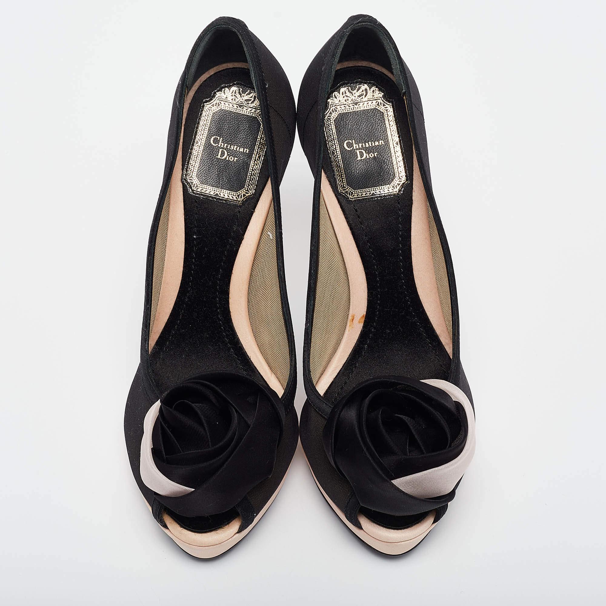 Nero Dior Black/Blush Pink Mesh Satin Chiffon Flower Peep Toe Platform Pumps Taglia 35