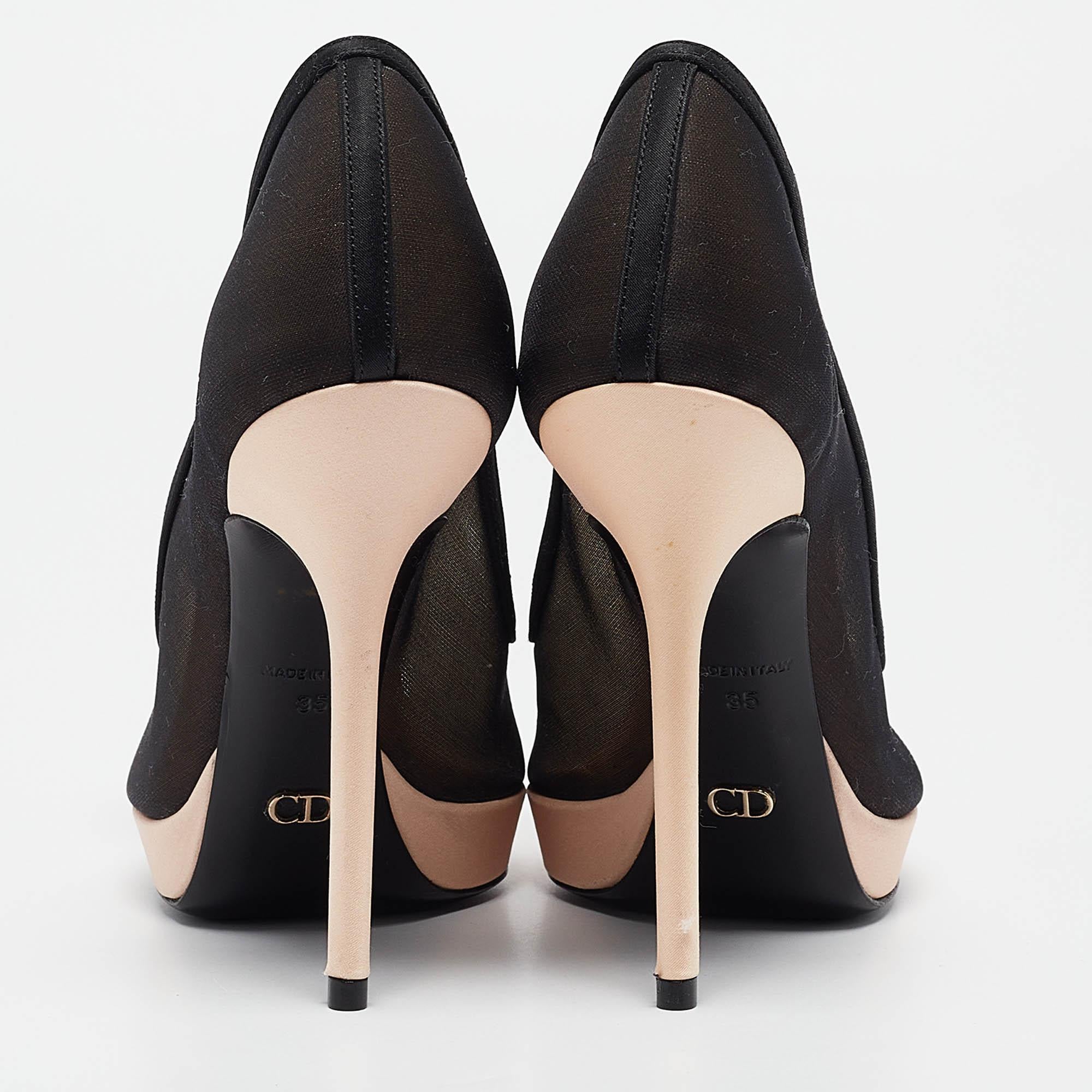 Donna Dior Black/Blush Pink Mesh Satin Chiffon Flower Peep Toe Platform Pumps Taglia 35