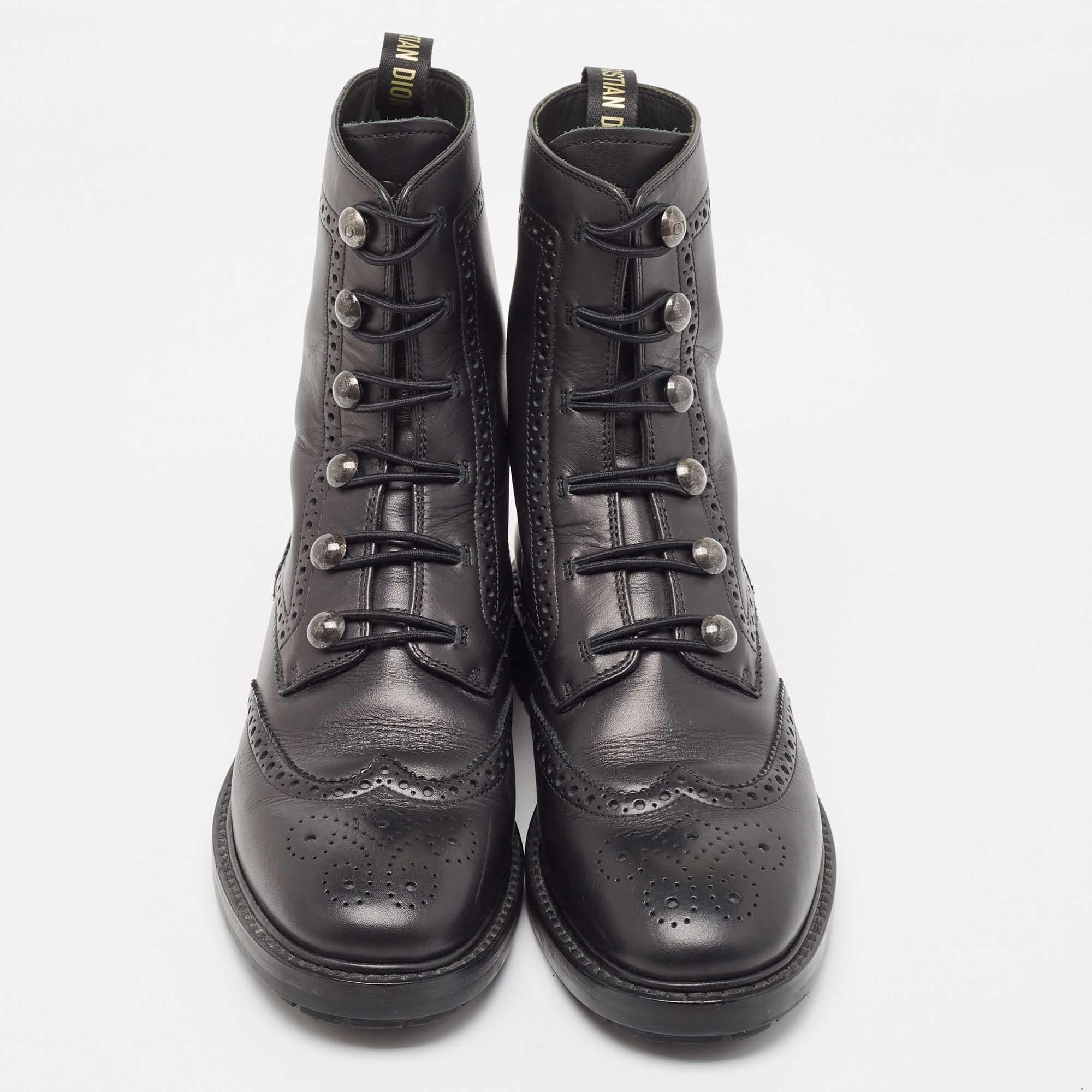 Women's Dior Black Brogue Leather Diorunit Combat Ankle Boots Size 38