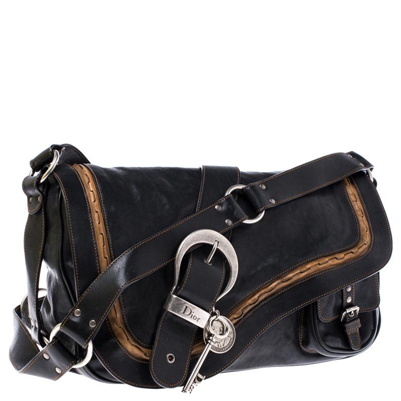 Dior Black/Brown Leather Large Gaucho Double Saddle Shoulder Bag 2