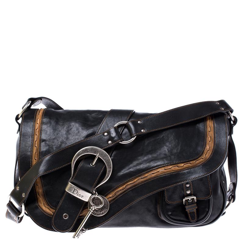 Dior Black/Brown Leather Large Gaucho Double Saddle Shoulder Bag 4