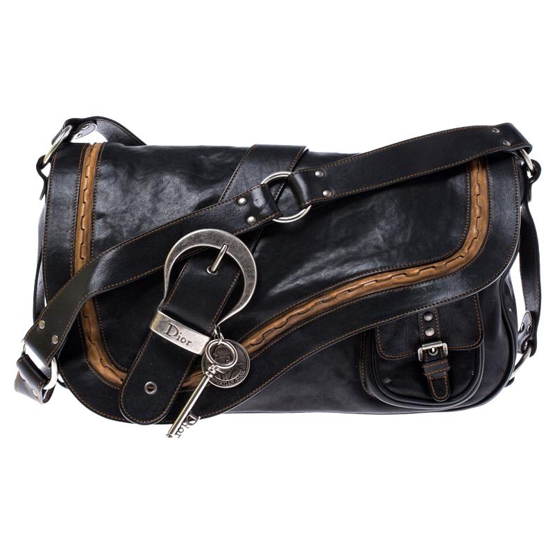 Dior Black/Brown Leather Large Gaucho Double Saddle Shoulder Bag