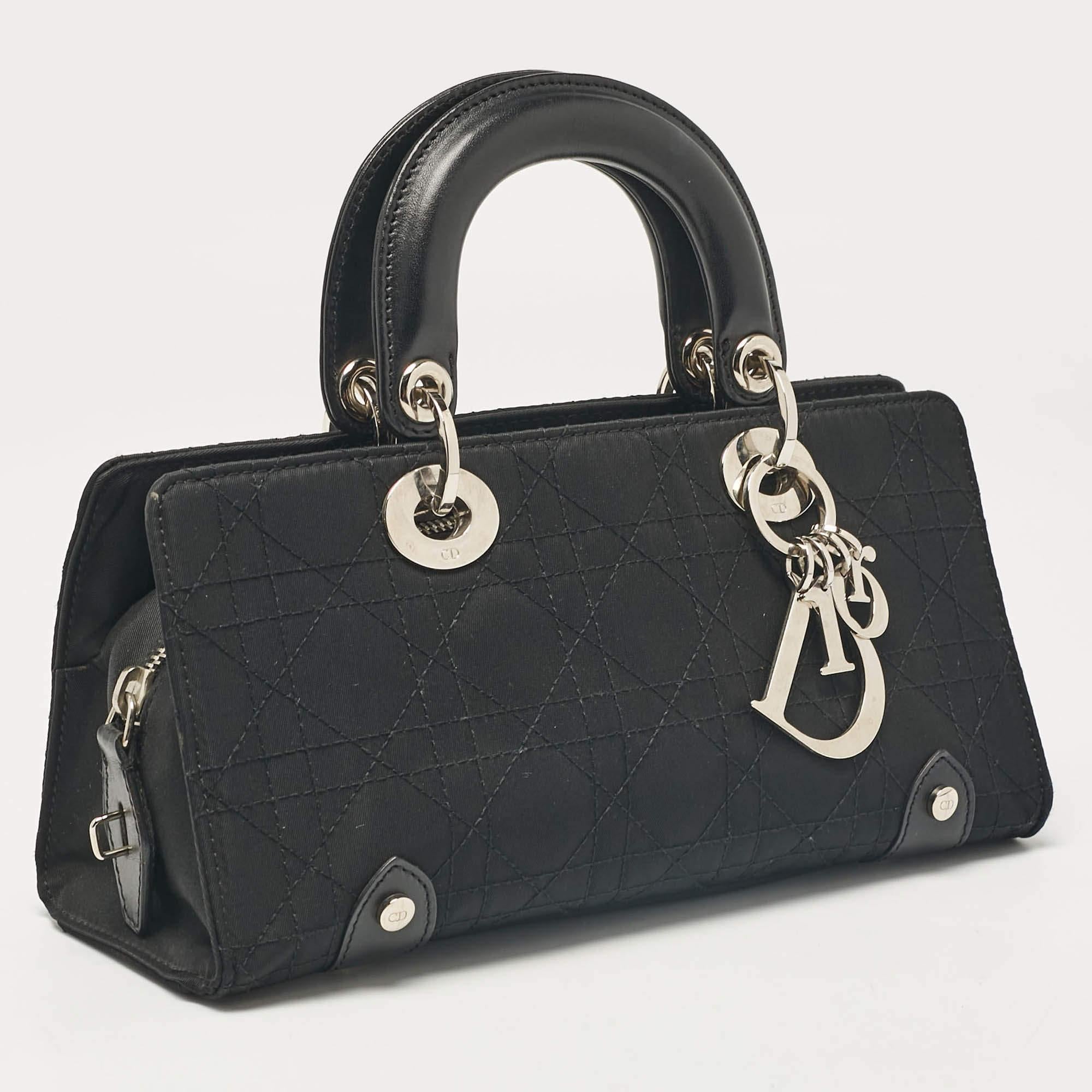 Dior Black Cannage Fabric and Leather Lady D-Joy Bag In Good Condition For Sale In Dubai, Al Qouz 2