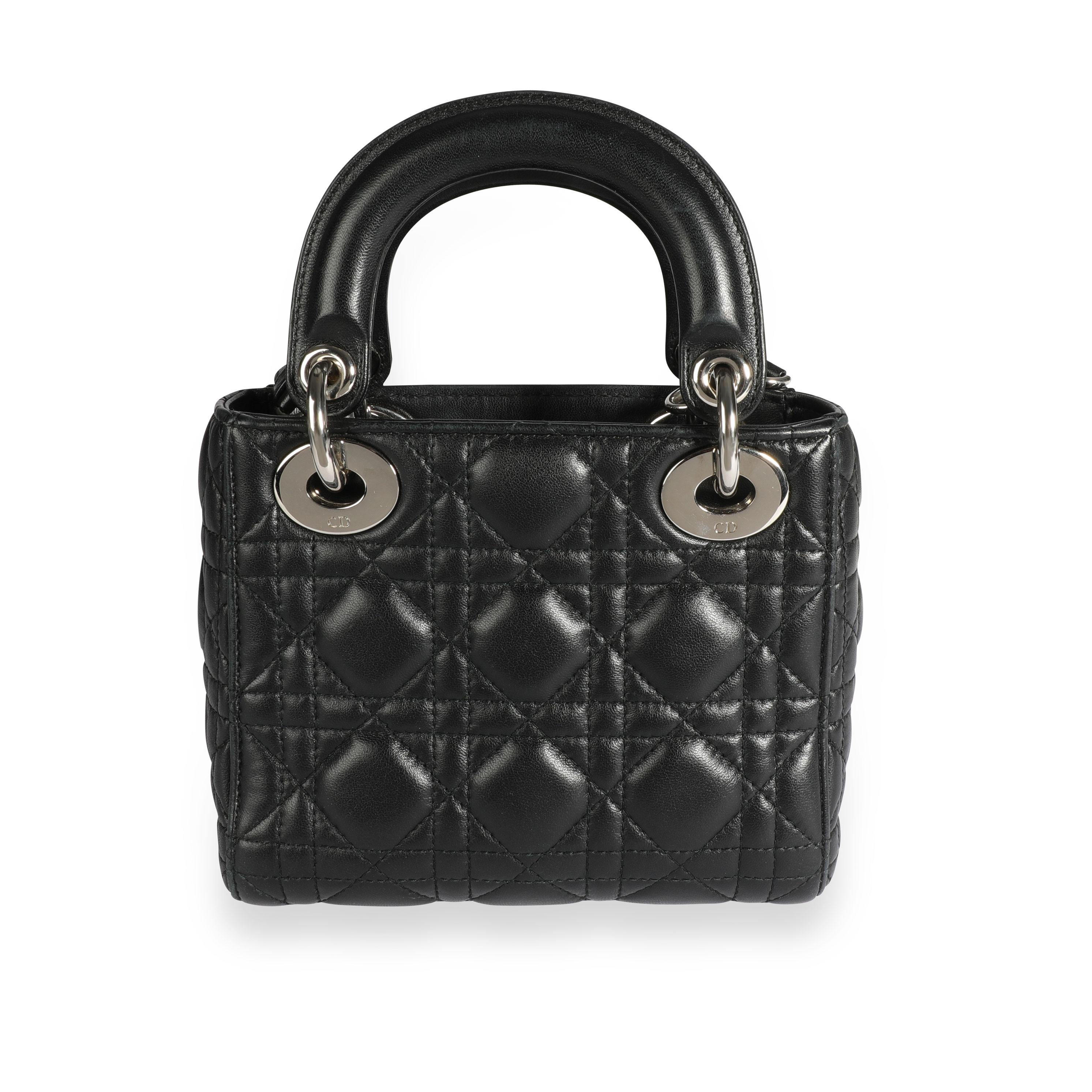 Dior Black Cannage Lambskin Mini Lady Dior Bag
SKU: 109561
MSRP: USD 4,300.00

Condition Comments: Very Good Condition. Light scuffing to leather throughout. Scratching to hardware.
Brand: Dior
Model: Lady Dior
Origin Country: Italy
Size (Specific):