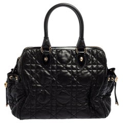 Dior Black Cannage Leather And Patent Leather Side Pocket Satchel