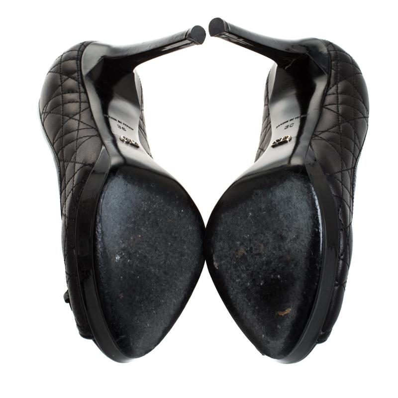 Women's Dior Black Cannage Leather Bow Peep Toe Platform Pumps Size 36