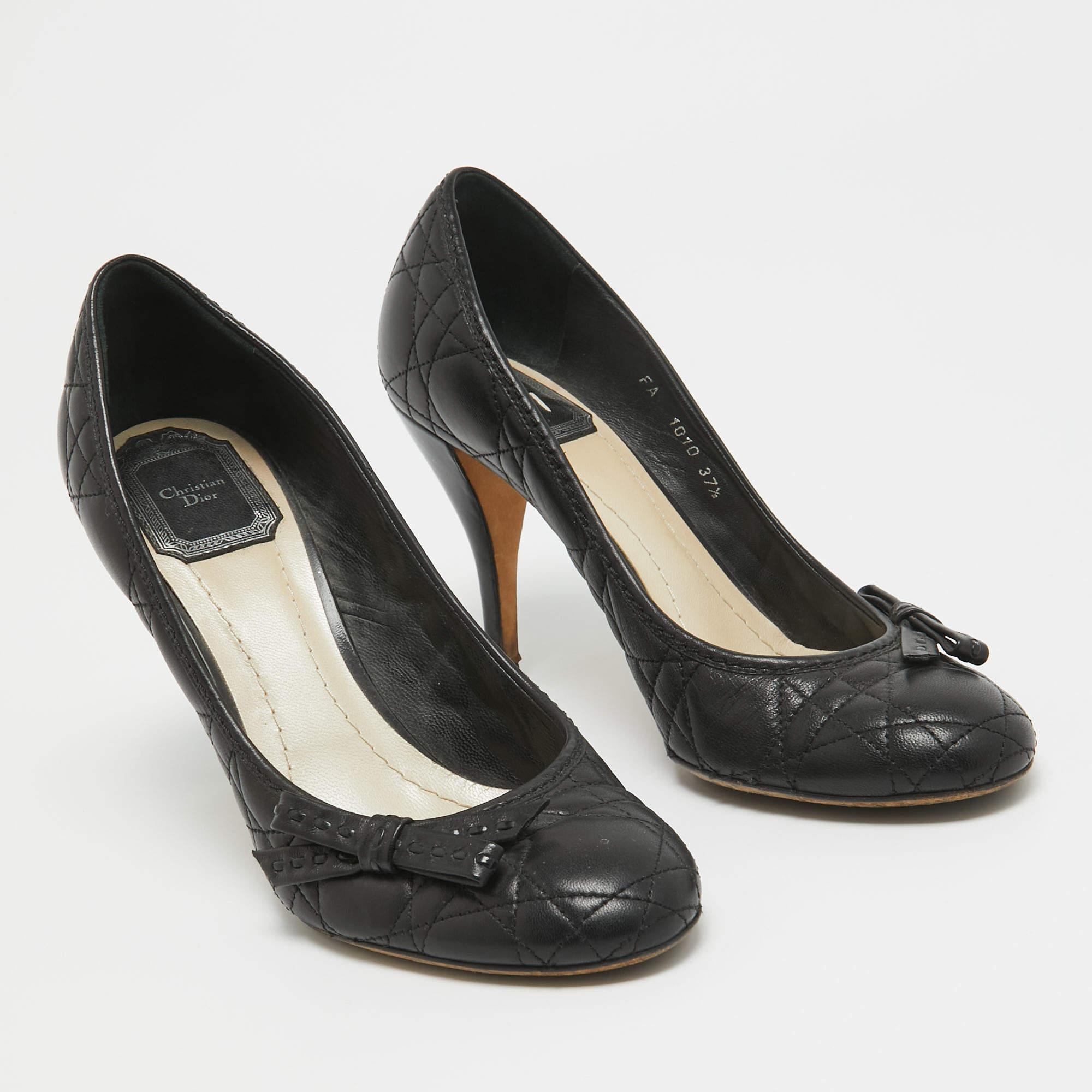 Women's Dior Black Cannage Leather Bow Round Toe Pumps Size 37.5 For Sale