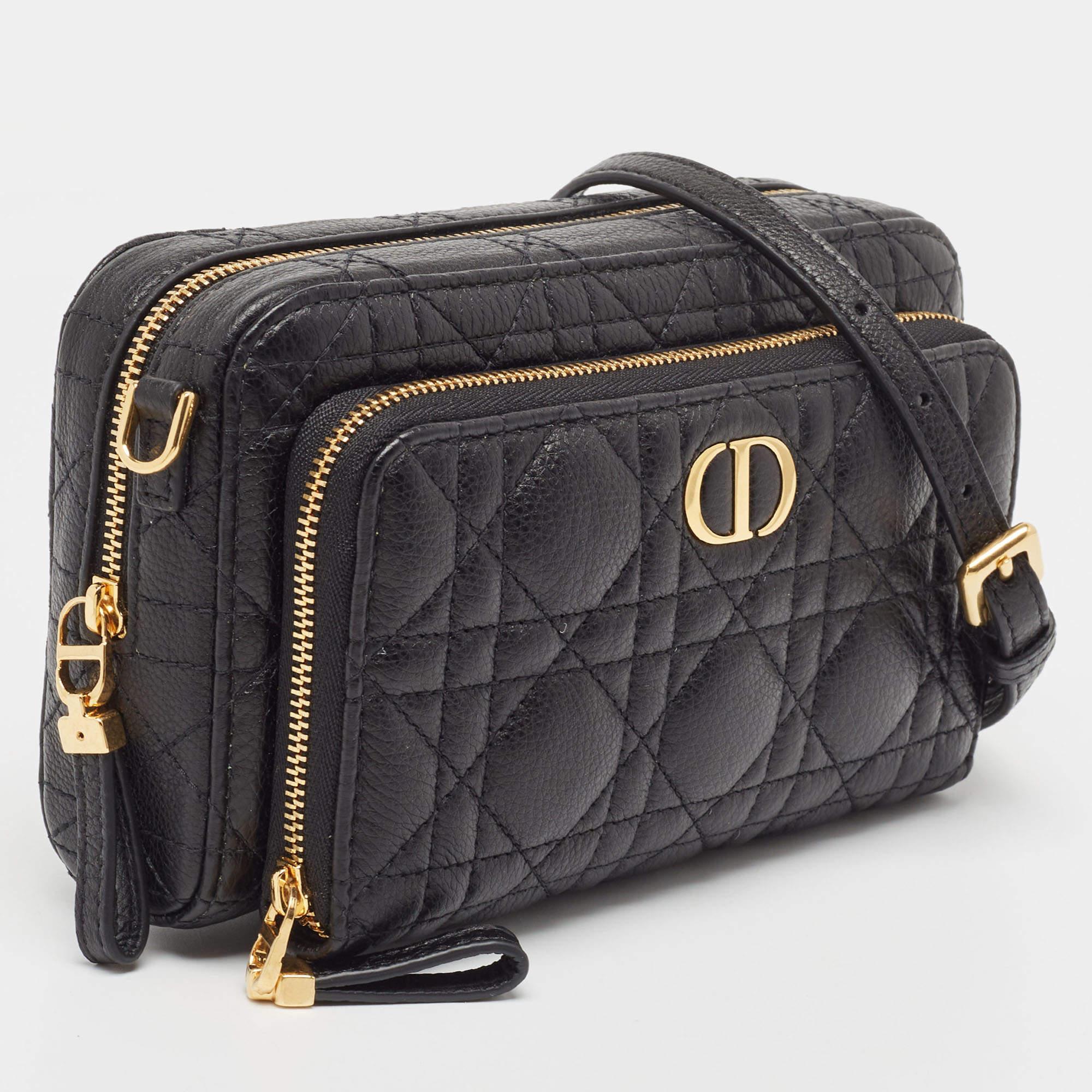 Dior Black Cannage Leather Caro Double Pouch Bag Pour femmes en vente