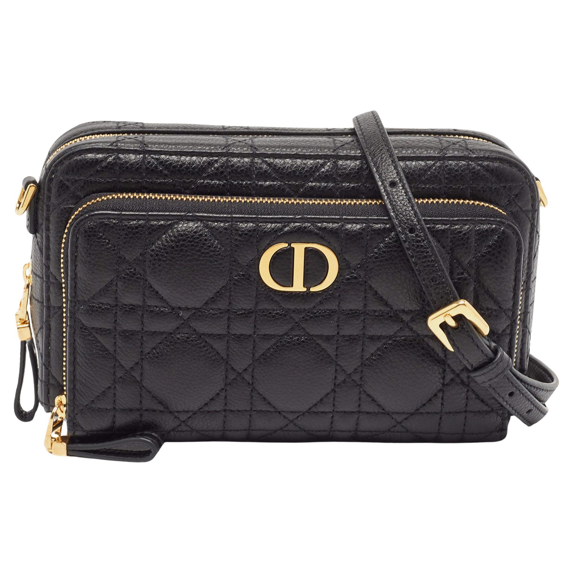 Dior Black Cannage Leather Caro Double Pouch Bag For Sale