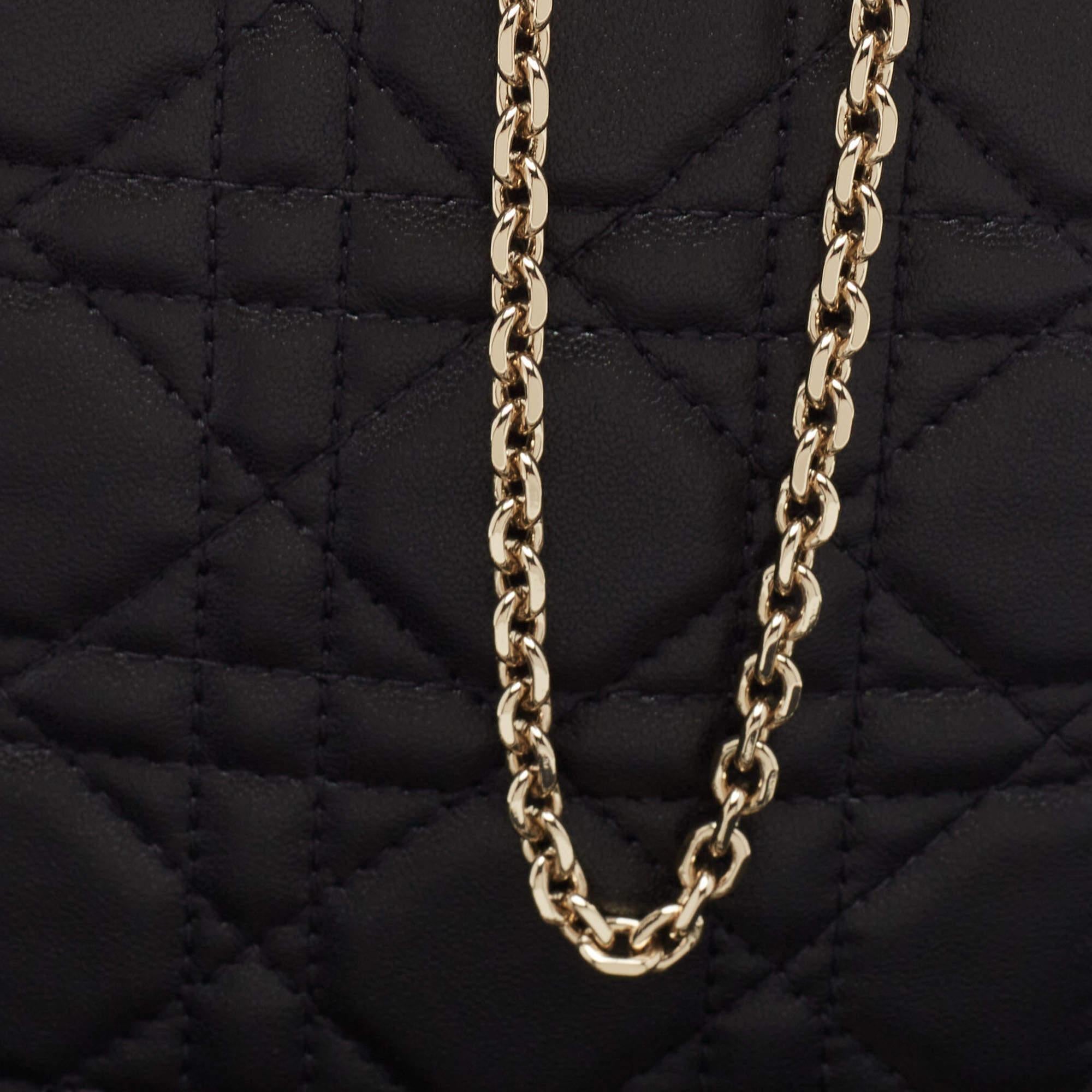 Dior Black Cannage Leather Lady Dior Chain Phone Holder For Sale 2