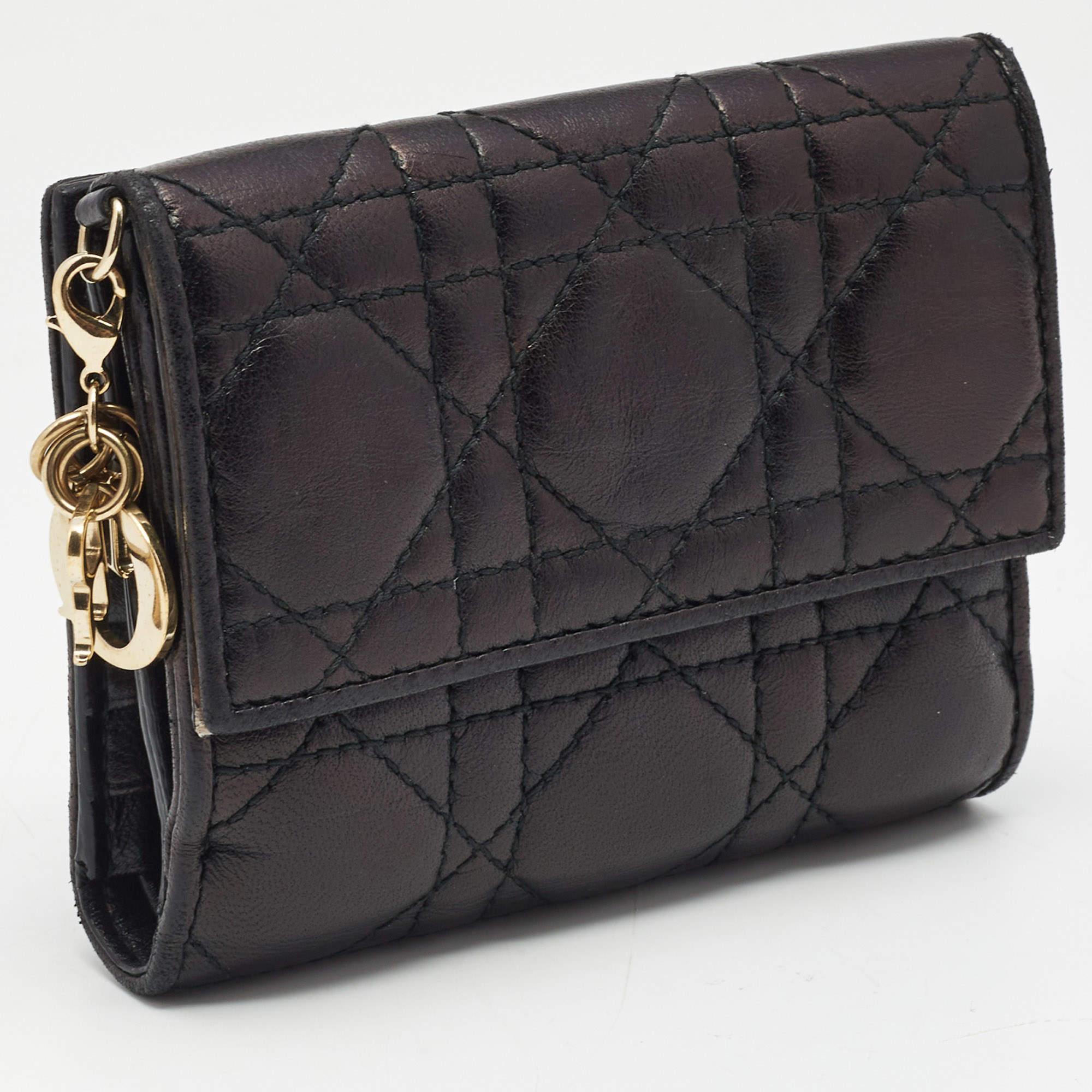 Dior Black Cannage Leather Lady Dior Compact Wallet In Good Condition In Dubai, Al Qouz 2