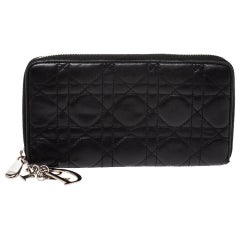Used Dior Black Cannage Leather Lady Dior Zip Around Wallet