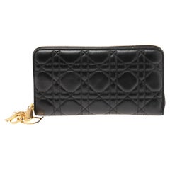 Used Dior Black Cannage Leather Lady Dior Zip Around Wallet