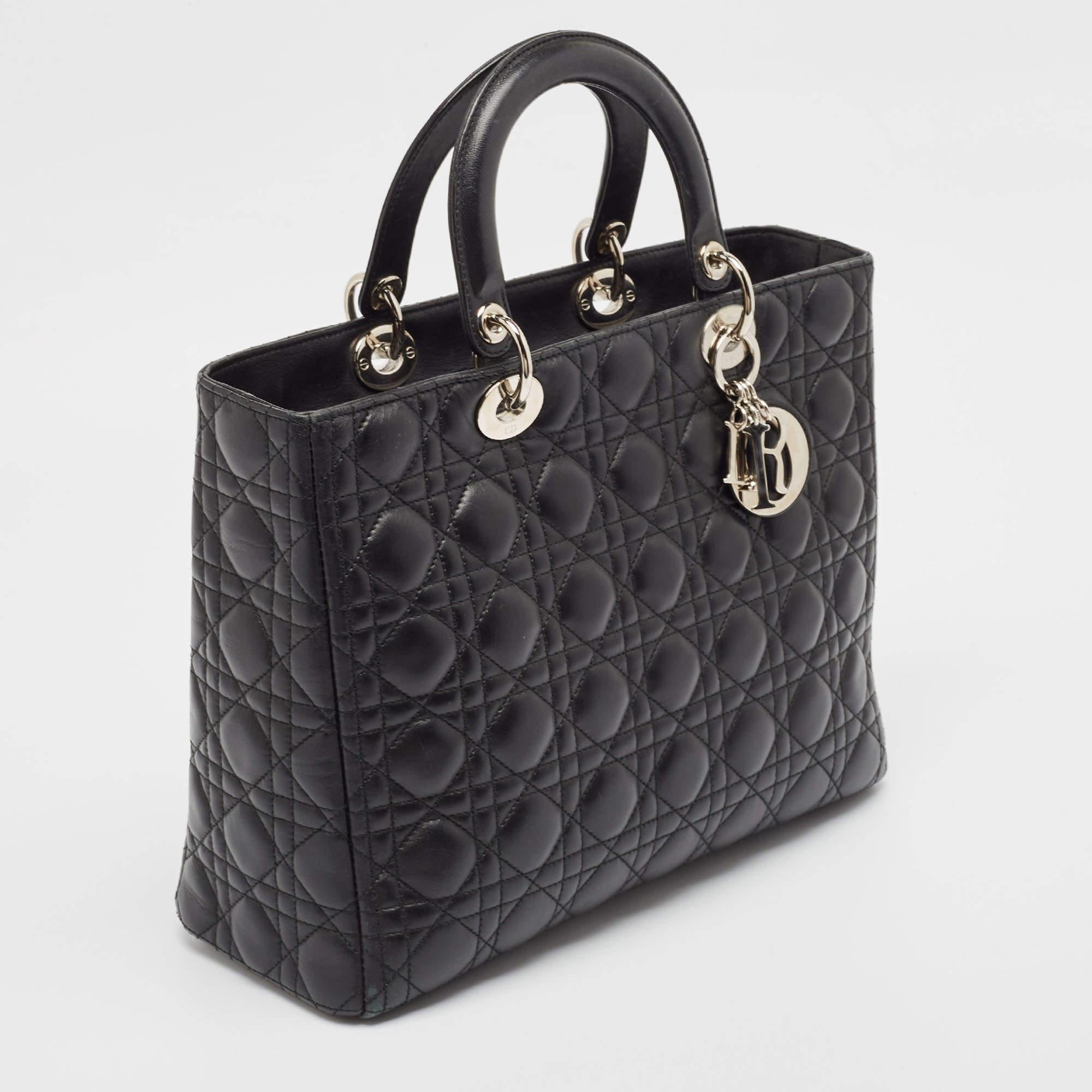 Dior Black Cannage Leather Large Lady Dior Tote In Fair Condition For Sale In Dubai, Al Qouz 2