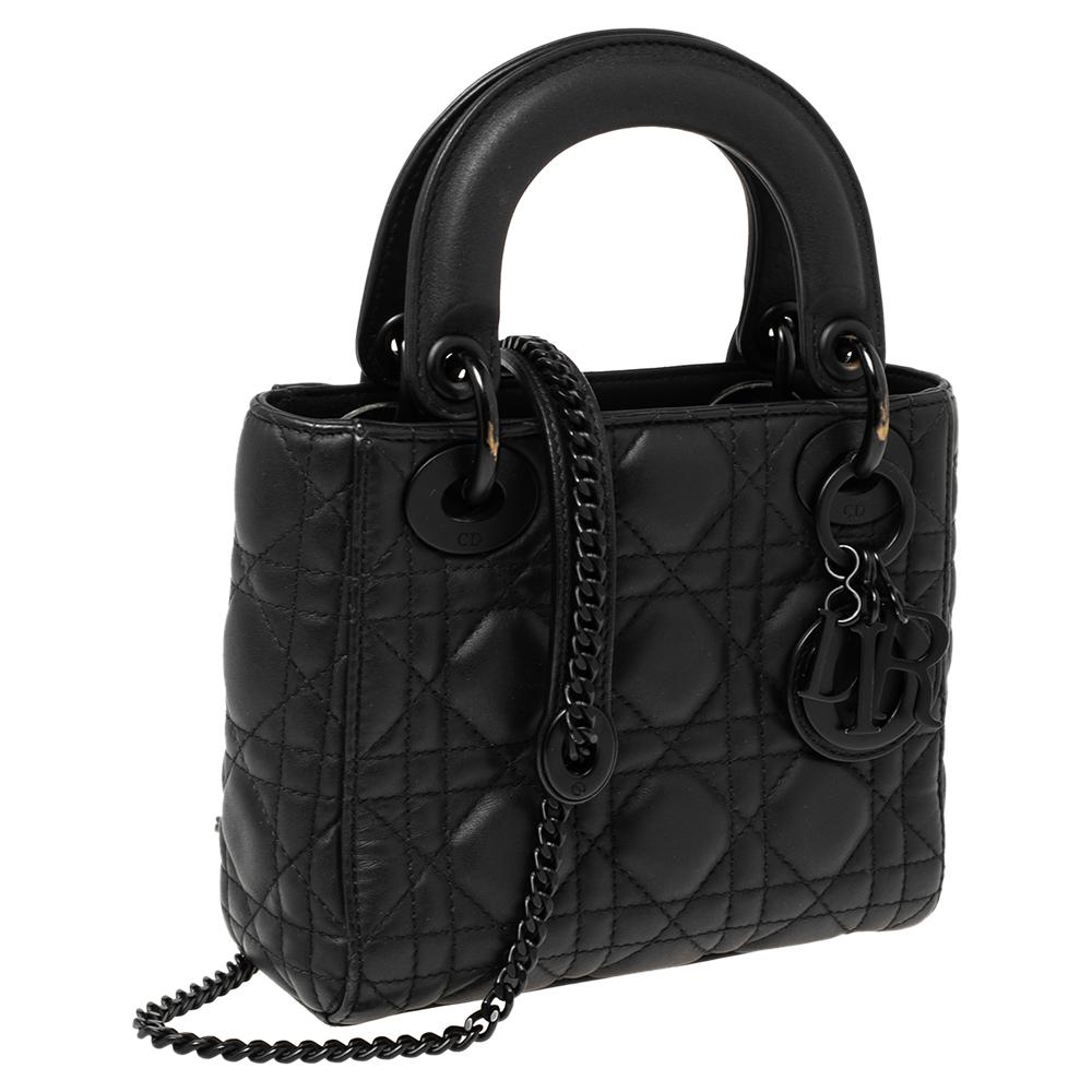 Women's Dior Black Cannage Leather Mini Lady Dior Tote