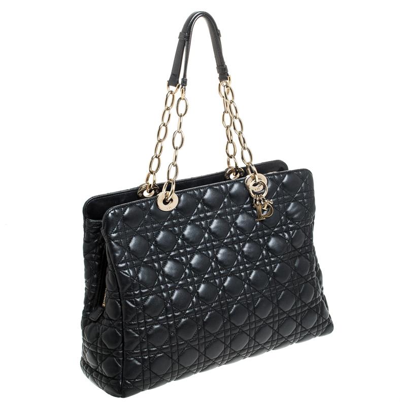 Women's Dior Black Cannage Leather Soft Lady Dior Shopping Tote