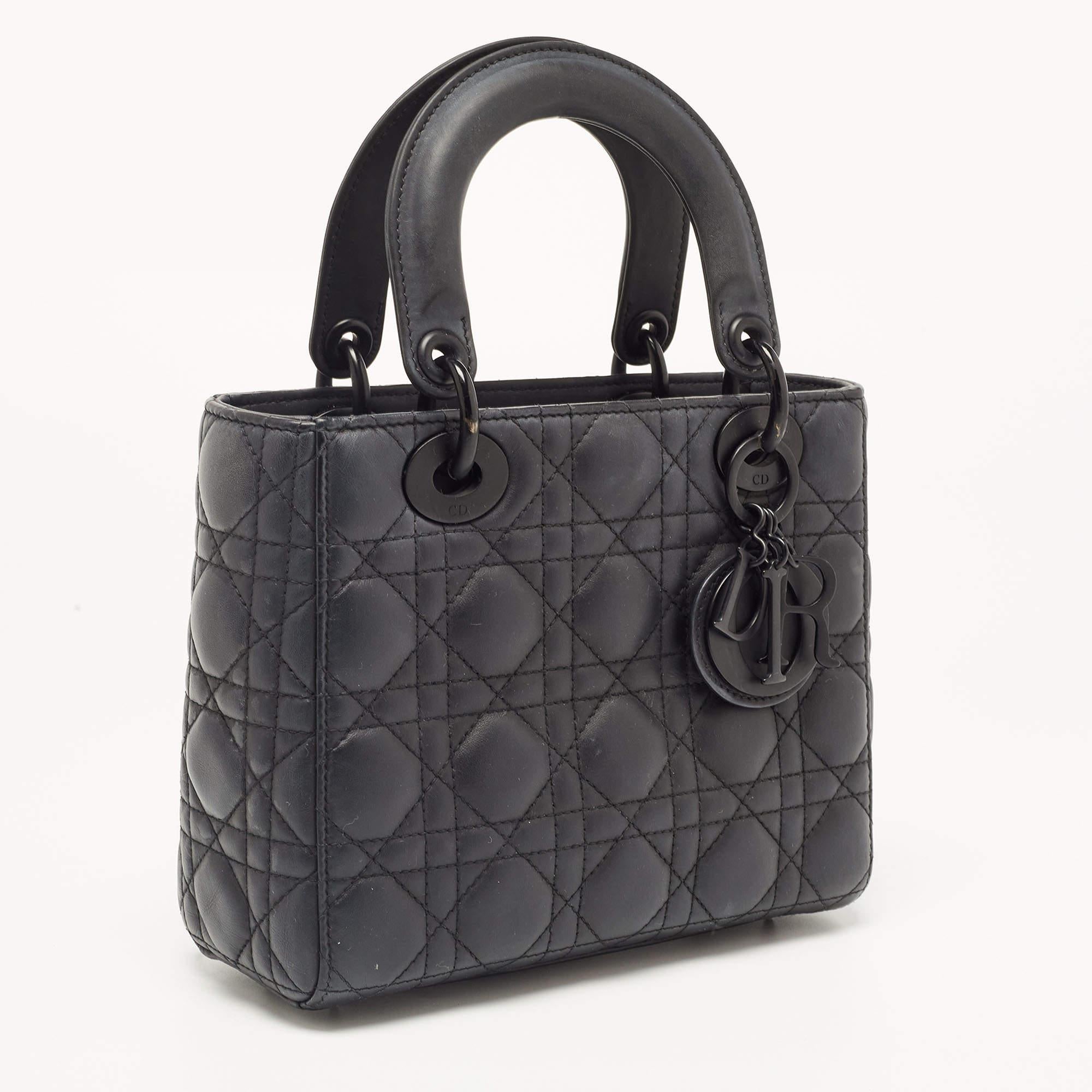 Dior Black Cannage Matte Leather Small Lady Dior Tote 2