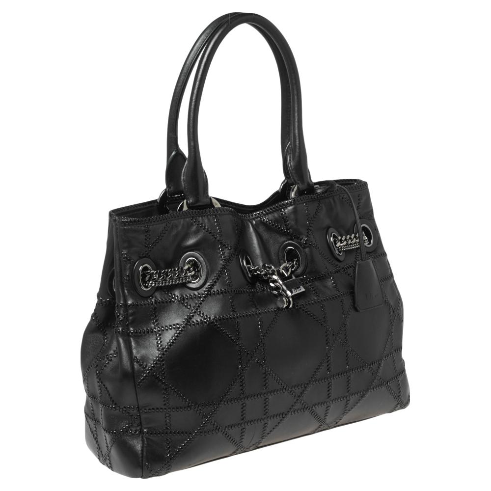 Dior Black Cannage Overstitched Leather Chri Chri Tote 5