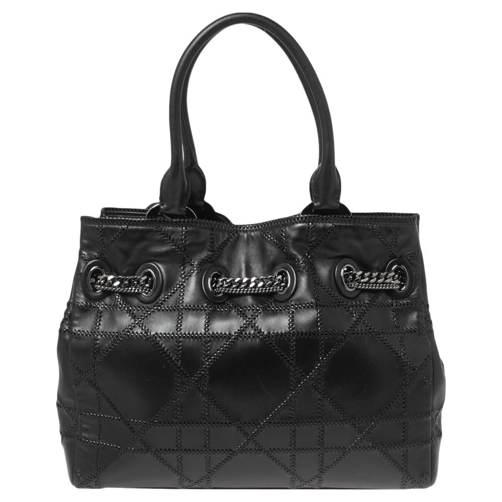 Dior Black Cannage Overstitched Leather Chri Chri Tote 2