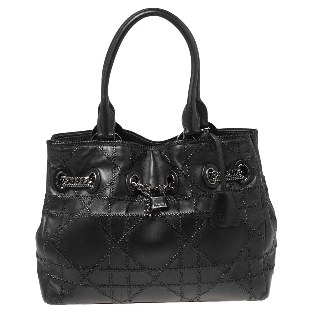 Dior Black Cannage Overstitched Leather Chri Chri Tote