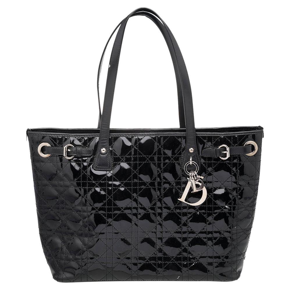 Dior Black Cannage Patent and Leather Small Panarea Tote