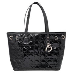 Dior Black Cannage Patent and Leather Small Panarea Tote