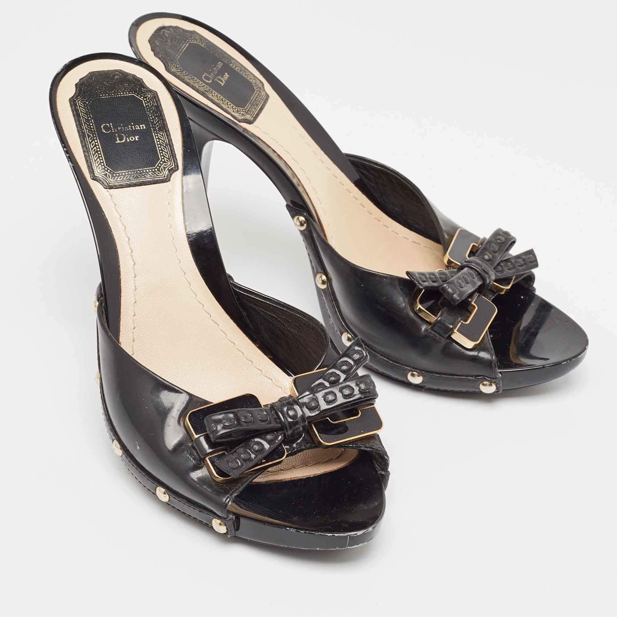 Women's Dior Black Cannage Patent Bow Slide Sandals Size 37