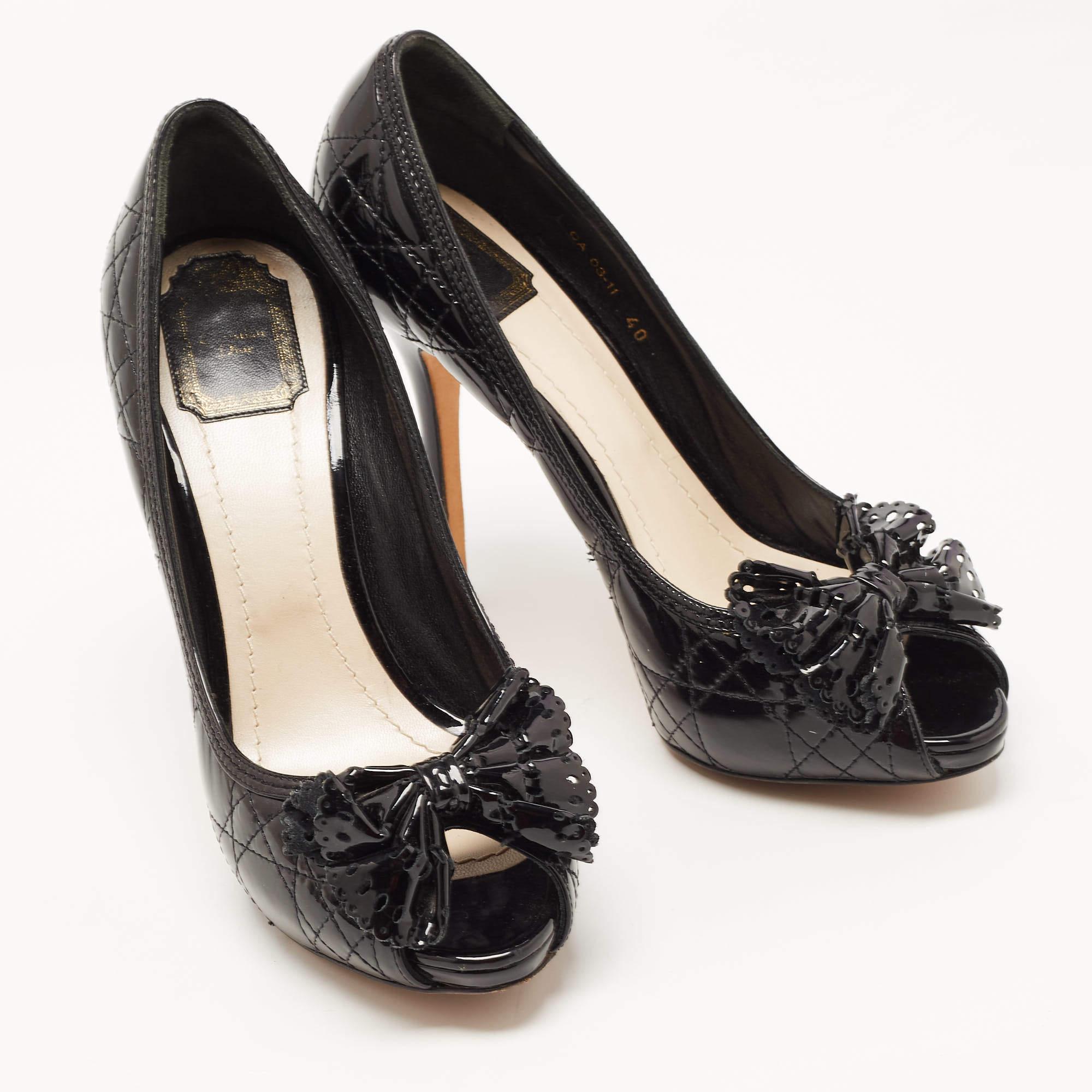 Dior Black Cannage Patent Leather Bow Peep Toe Pumps Size 40 For Sale 1