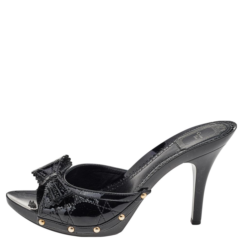Dior Black Cannage Patent Leather Bow Slide Sandals Size 41 1