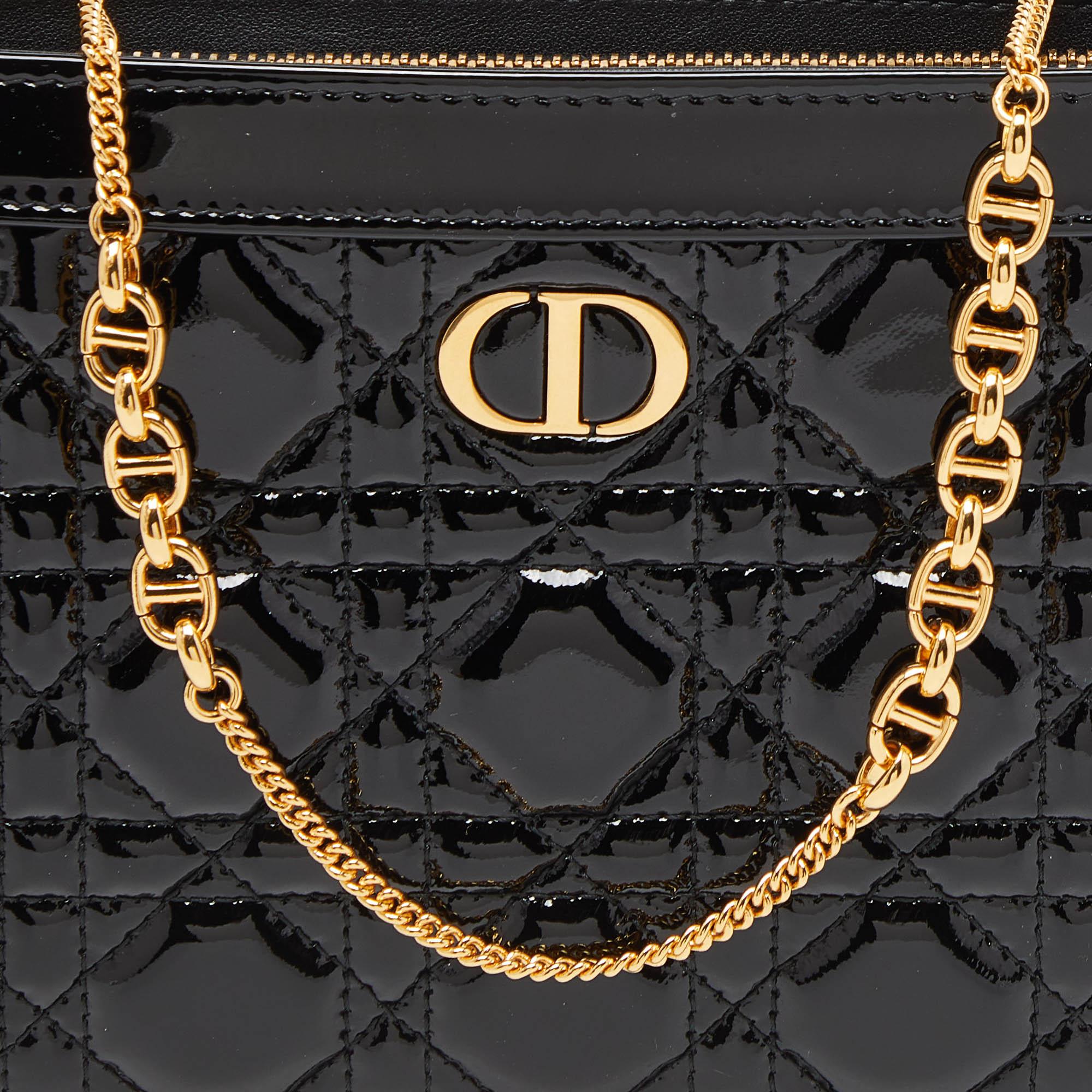 Dior Black Cannage Patent Leather Caro Zipped Chain Pouch 7