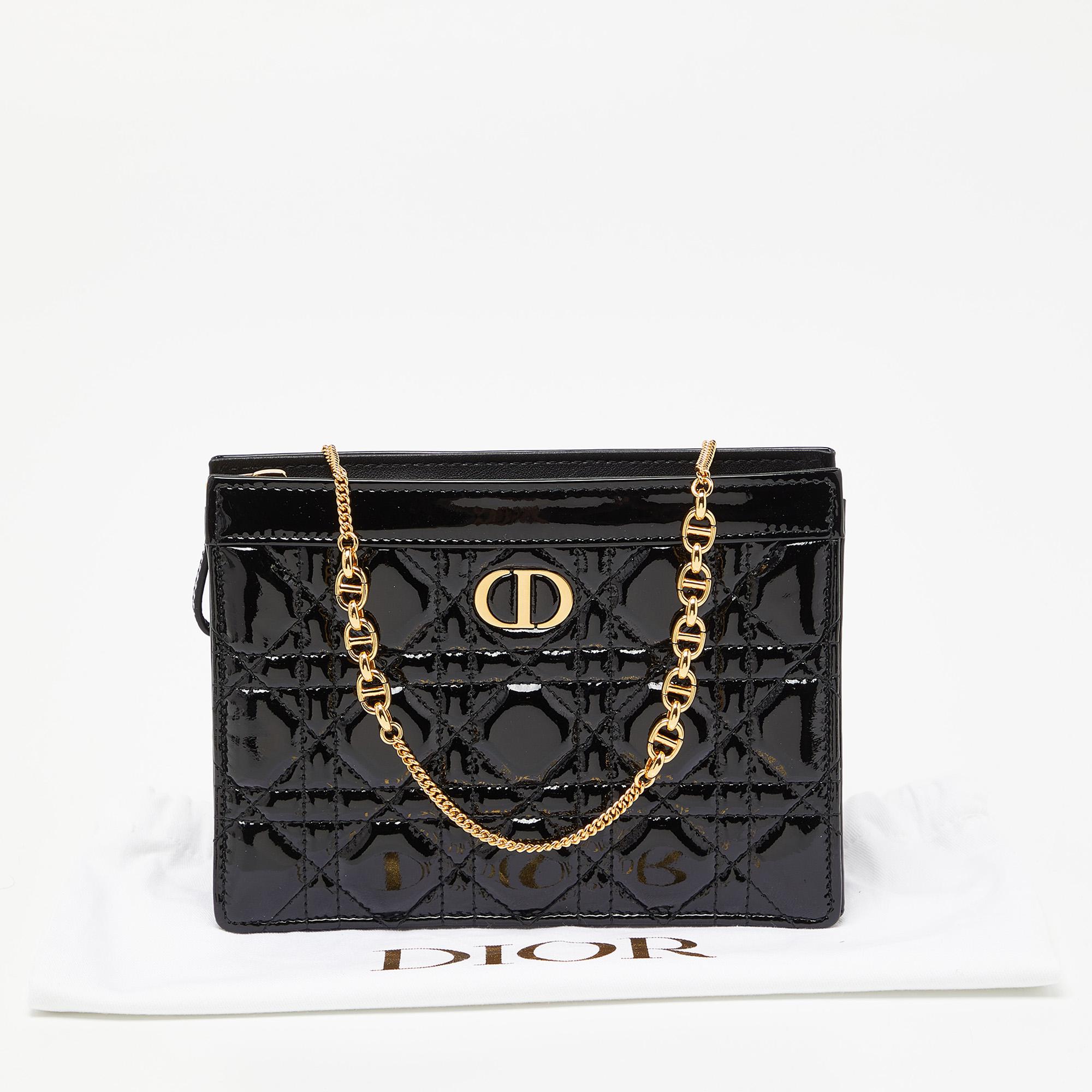 Dior Black Cannage Patent Leather Caro Zipped Chain Pouch 8