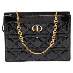 Dior Black Cannage Patent Leather Caro Zipped Chain Pouch