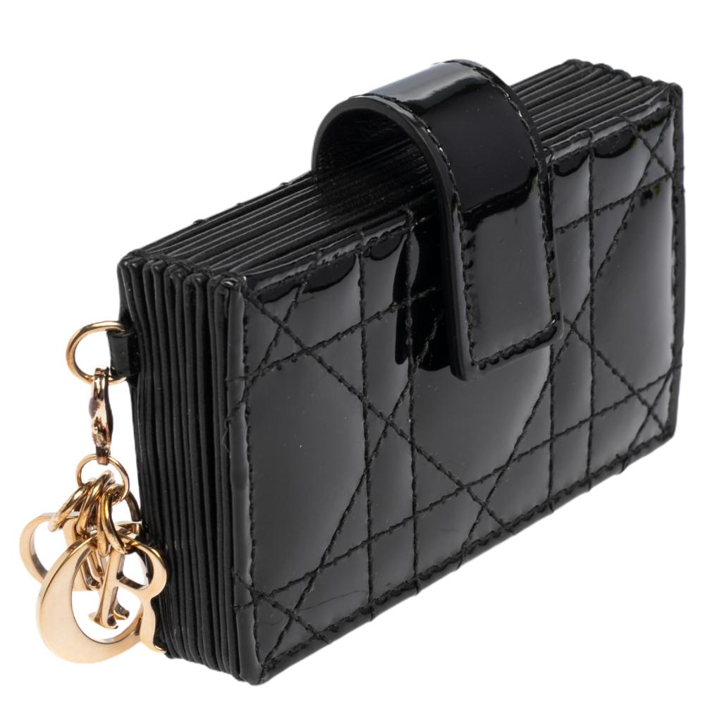 Women's Dior Black Cannage Patent Leather Lady Dior Gusset Card Case
