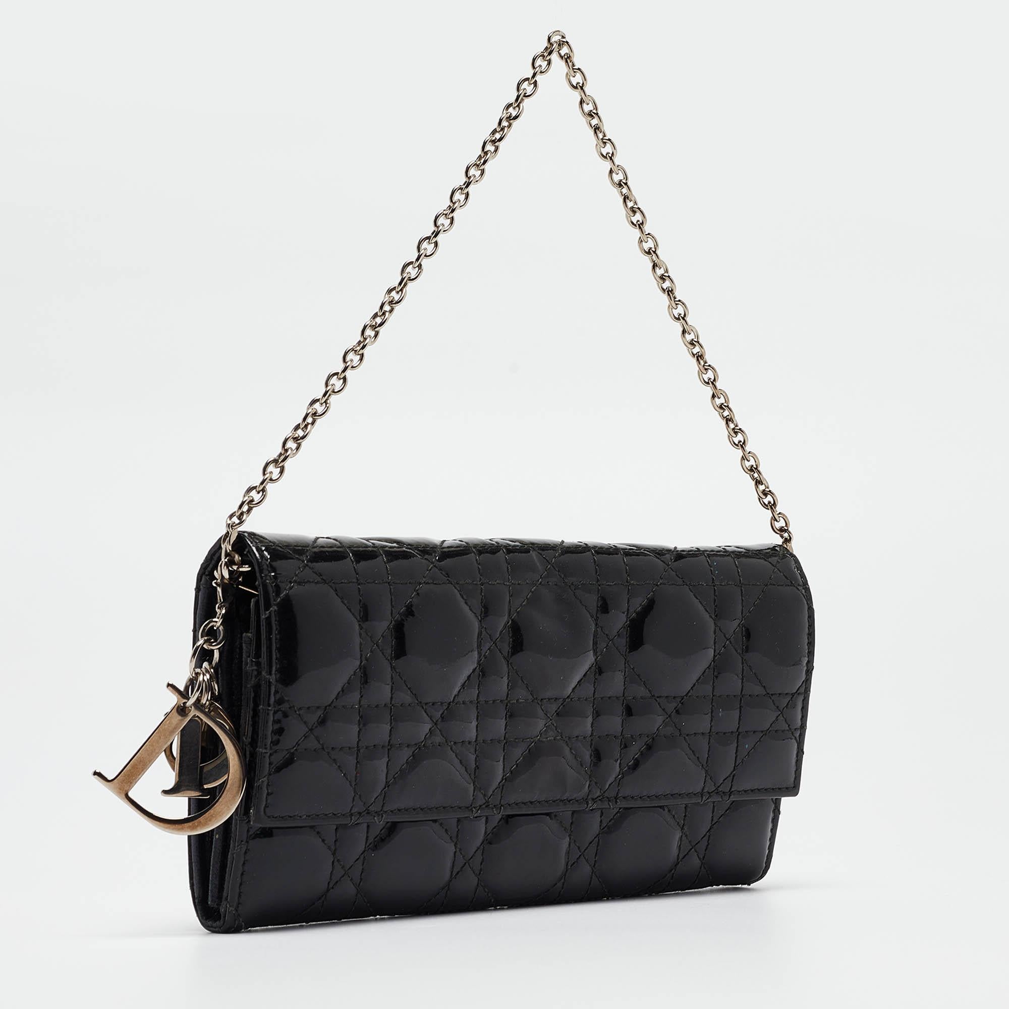 Dior Black Cannage Patent Leather Lady Dior Wallet On Chain In Good Condition In Dubai, Al Qouz 2