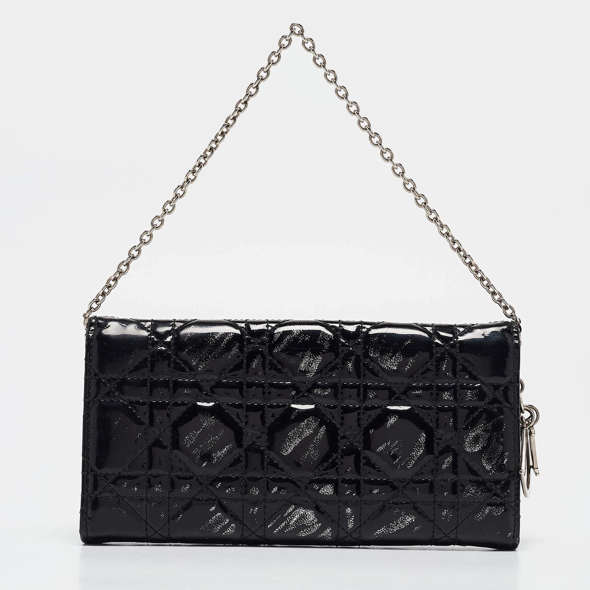 Women's Dior Black Cannage Patent Leather Lady Dior Wallet On Chain For Sale