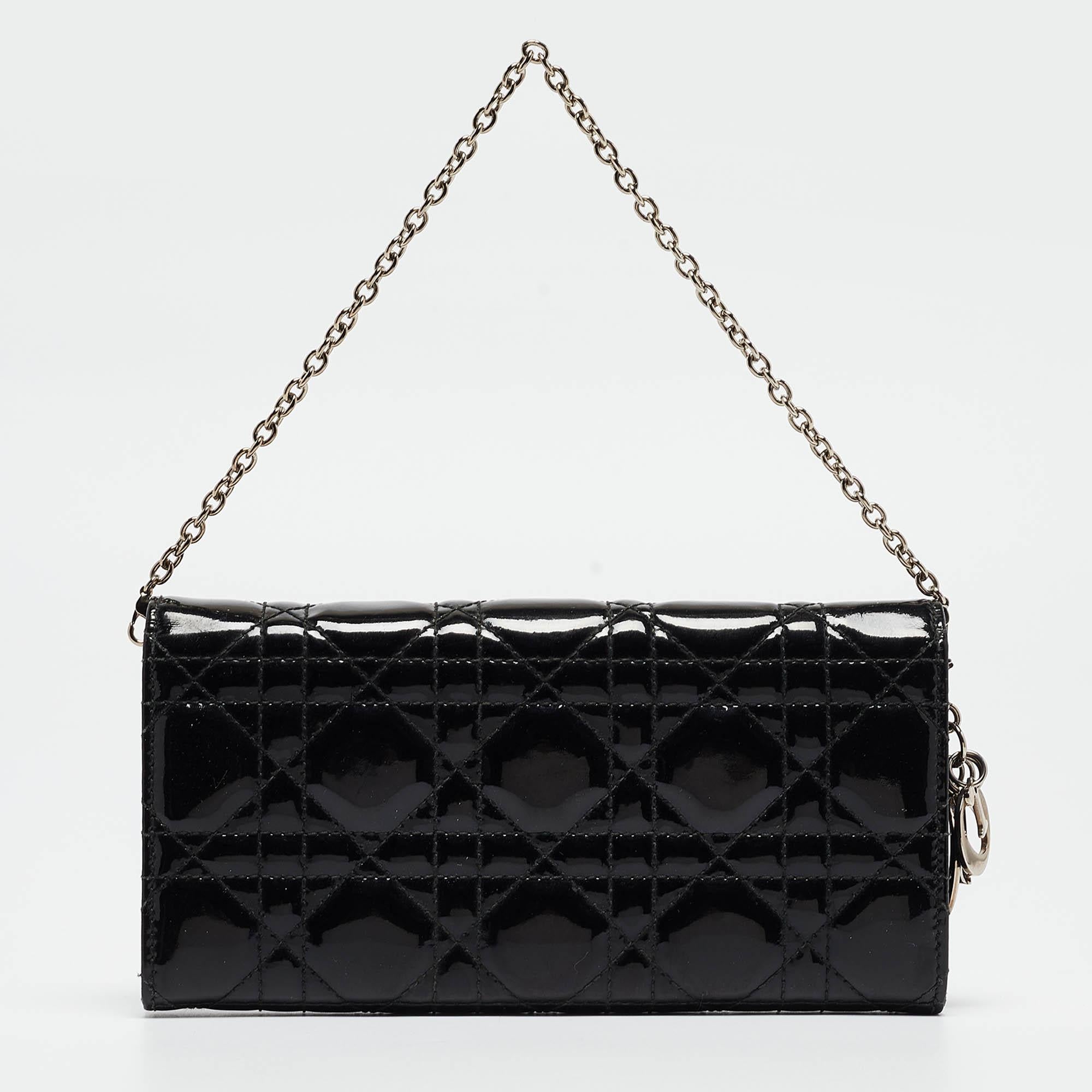 Women's Dior Black Cannage Patent Leather Lady Dior Wallet On Chain