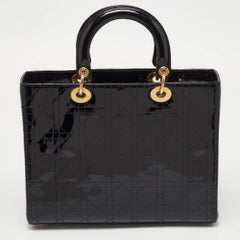 Dior Black Cannage Patent Leather Large Lady Dior Tote