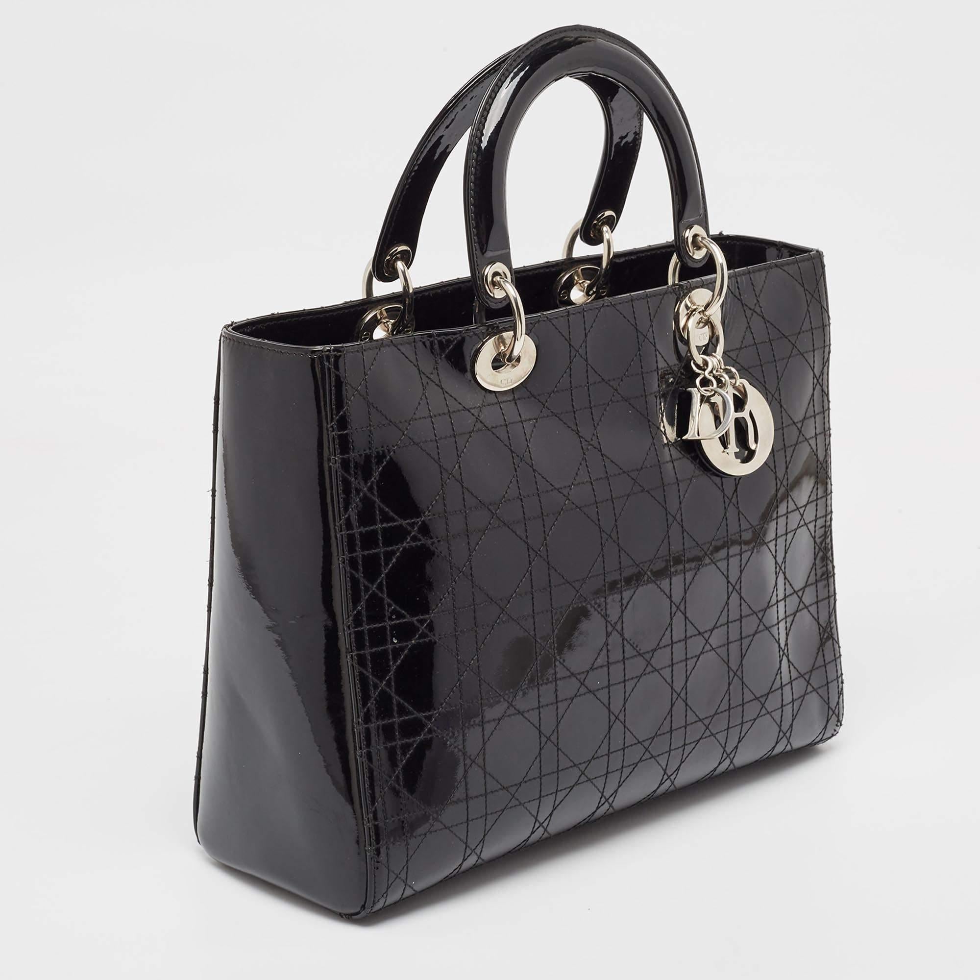 Dior Black Cannage Patent Leather Large Lady Dior Tote In Good Condition In Dubai, Al Qouz 2