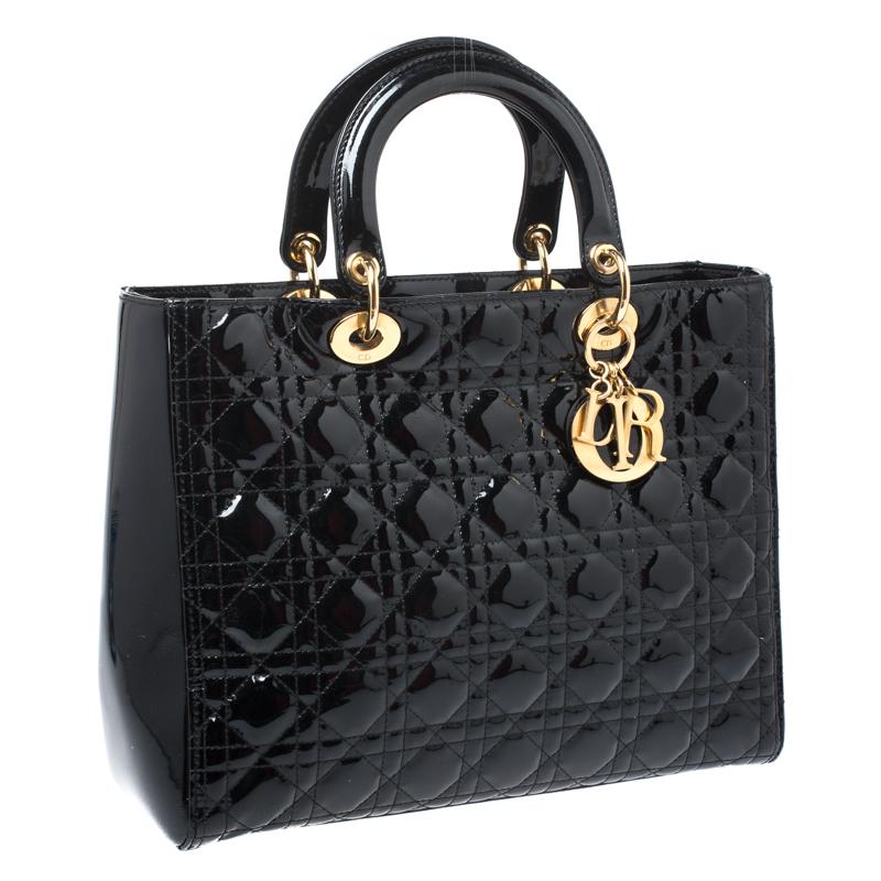 Dior Black Cannage Patent Leather Large Lady Dior Tote In Good Condition In Dubai, Al Qouz 2