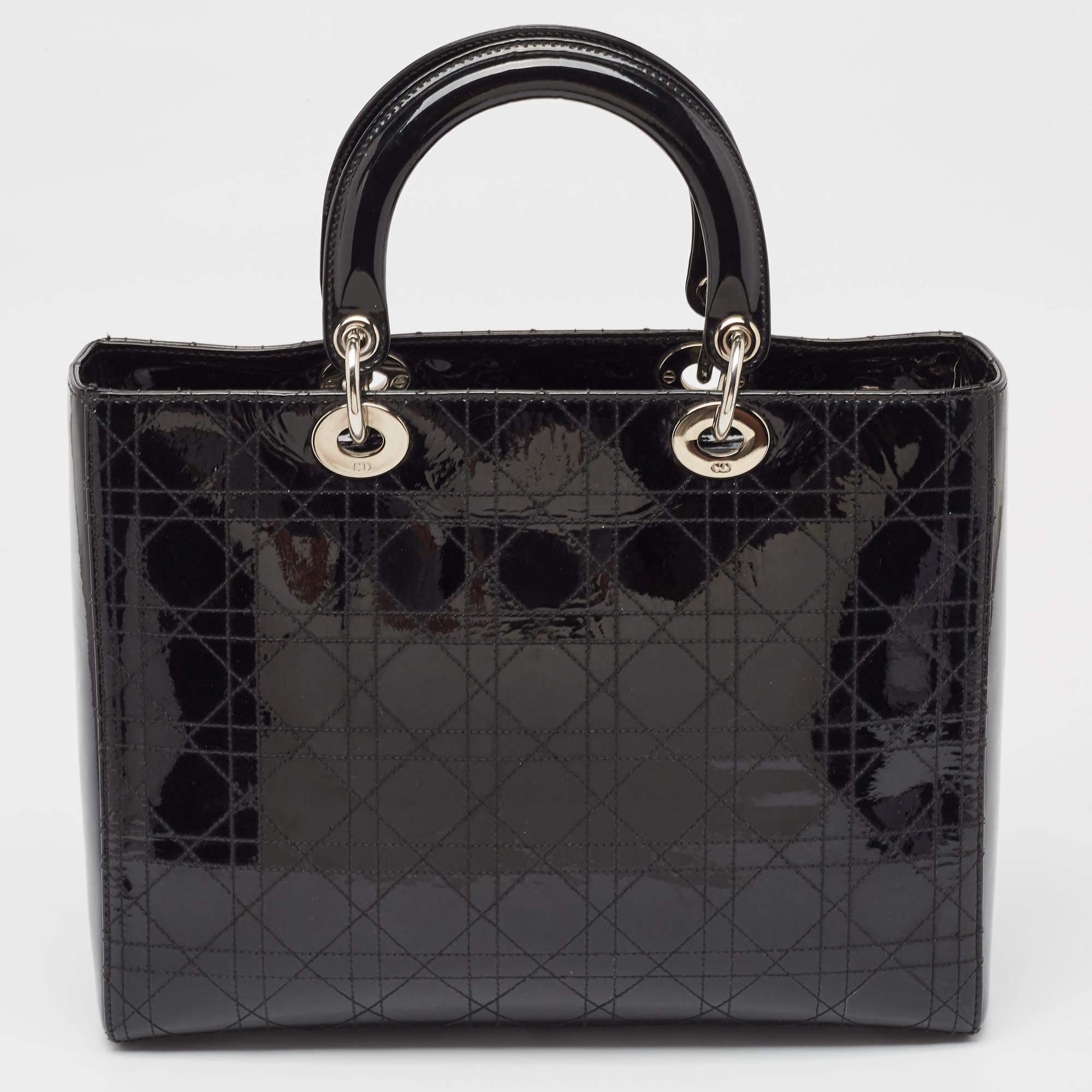 Women's Dior Black Cannage Patent Leather Large Lady Dior Tote