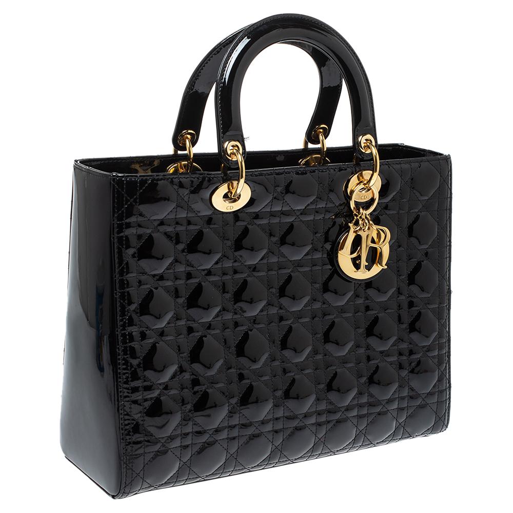 Dior Black Cannage Patent Leather Large Lady Dior Tote at 1stDibs