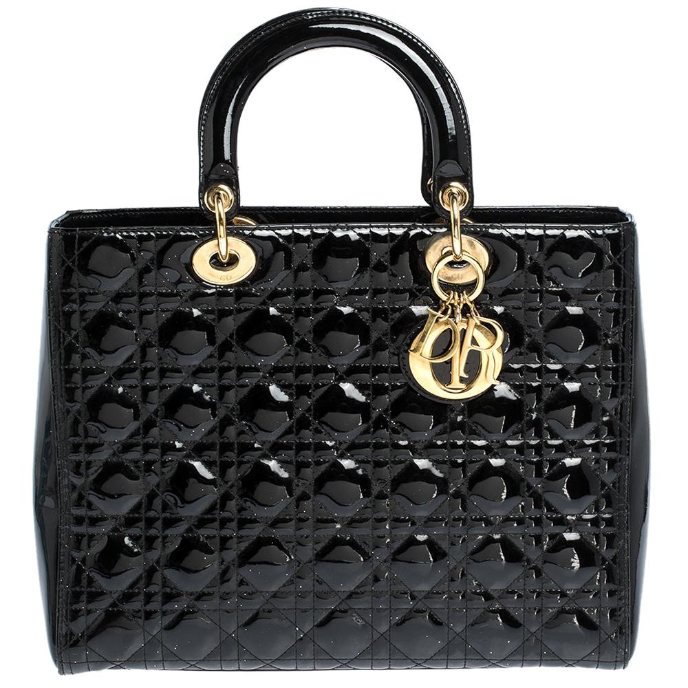 Dior Black Cannage Patent Leather Large Lady Dior Tote