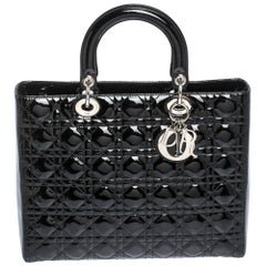 Dior Black Cannage Patent Leather Large Lady Dior Tote